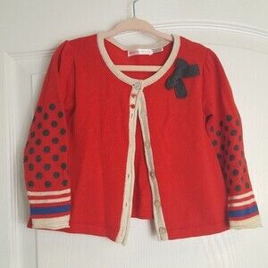 deux par deux Red Cardigan with Polka Dots Hearts Bows